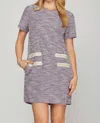 She + Sky Office Short Sleeve Pearl Detail Tweed Mini Dress In Lavender In Purple