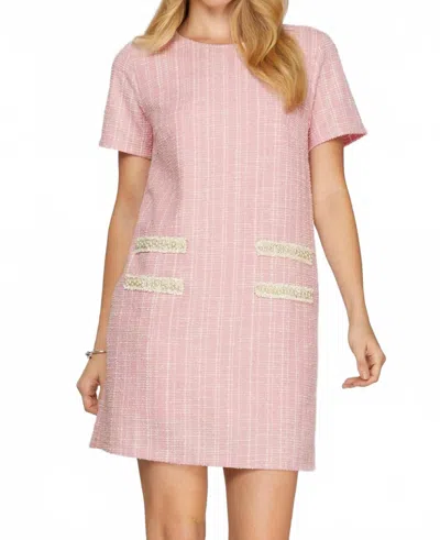 She + Sky Office Short Sleeve Pearl Detail Tweed Mini Dress In Pink