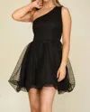 She + Sky One Shoulder Polka Dot Organza Mini Dress In Black In Black