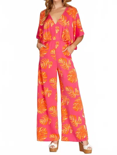 She + Sky Palm Leave Paradise Jumper In Fuchsia/orange In Pink
