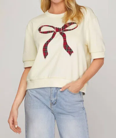 She + Sky Plaid Bow Accent Top In Cream In White