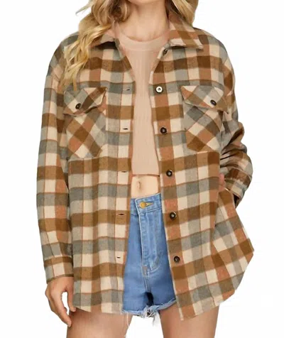 She + Sky Plaid Button Shacket In Caramel In Brown