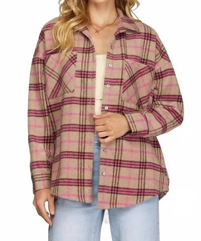 She + Sky Plaid Print Oversized Shacket In Taupe/pink In Multi