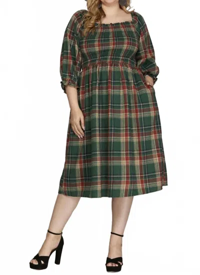 She + Sky Plaid Smocked Midi Dress In Green