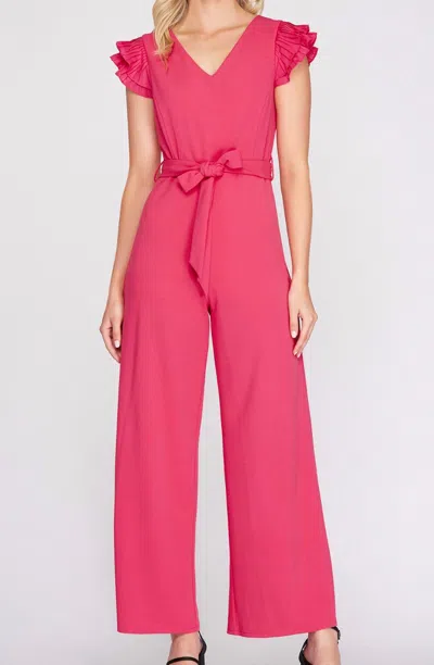 She + Sky Pleated Sleeve Jumpsuit In Fuchsia In Pink