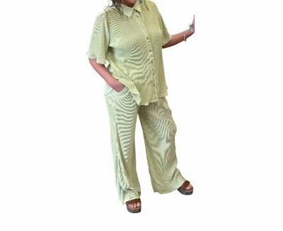 She + Sky Plisse Button Down Top With Pants In Lime In Green