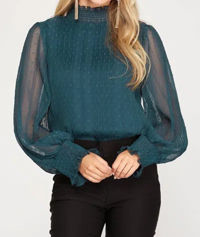 She + Sky Plisse Swiss Dot Bodysuit In Teal In Blue