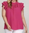 She + Sky Plus - Ruffle Sleeve Pleated York Woven Top In Hot Pink In Pink