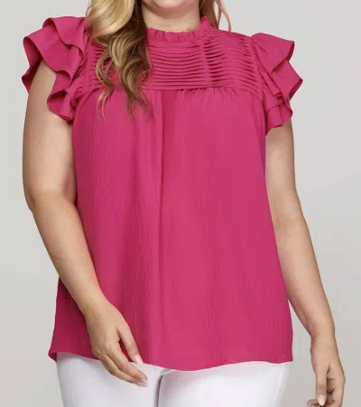 She + Sky Plus - Ruffle Sleeve Pleated York Woven Top In Hot Pink
