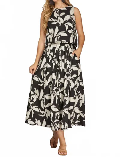 She + Sky Printed Midi Skirt With Back Elastic Waistband In Multi