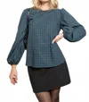 She + Sky Puff Long Sleeve Checkered Blouse In Checkered Green In Blue