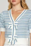 She + Sky Puff Short Sleeve Bow Front Striped Sweater Cropped Cardigan In Lt. Blue In Multi