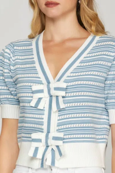 She + Sky Puff Short Sleeve Bow Front Striped Sweater Cropped Cardigan In Lt. Blue In Multi