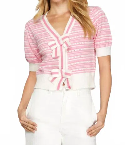 She + Sky Puff Short Sleeve Bow Front Striped Sweater Cropped Cardigan In Pink