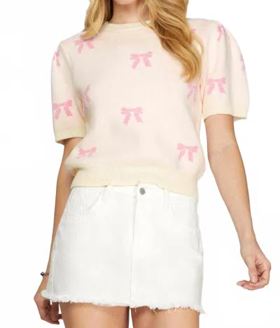 She + Sky Puff Short Sleeve Bow Pattern Sweater In White