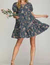 She + Sky Puff Sleeve Button Down Tiered Print Denim Dress In Dusty Blue