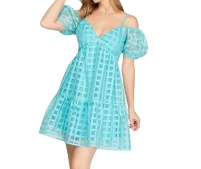 She + Sky Puff Sleeve Checker Organza Dress In Light Blue
