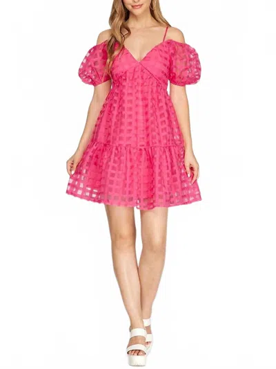 She + Sky Puff Sleeve Checker Organza Dress In Pink