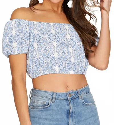 She + Sky Puff Sleeve Crop Top In Blue
