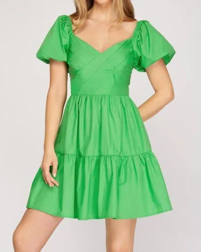 She + Sky Puff Sleeve Dress In Green