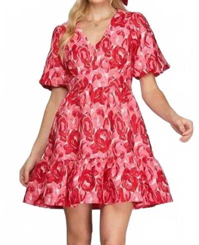 She + Sky Puff Sleeve Floral Dress In Pink Red