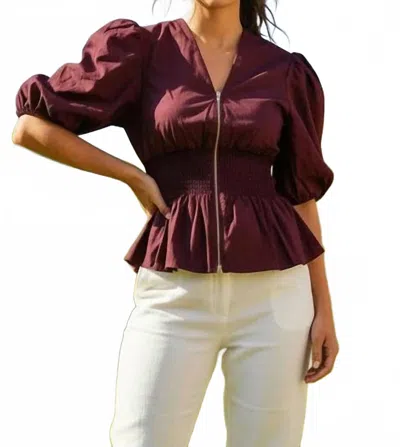 She + Sky Puff Sleeve Front Zipper Woven Top In Wine In Burgundy