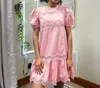 She + Sky Puff Sleeve Lace Insert Dress In Pink