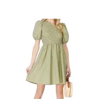 She + Sky Puff Sleeve Smock Dress In Light Olive In Green