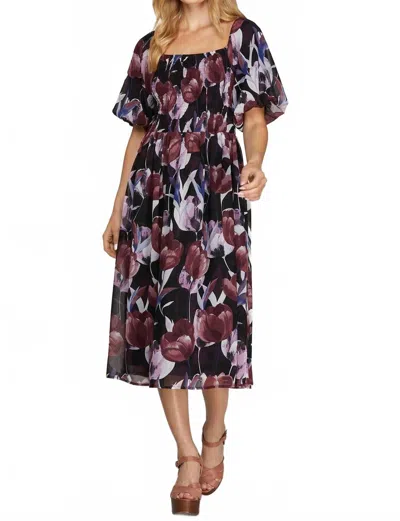 She + Sky Puff Sleeve Smocked Top Floral Print Midi Dress In Plum Floral In Multi