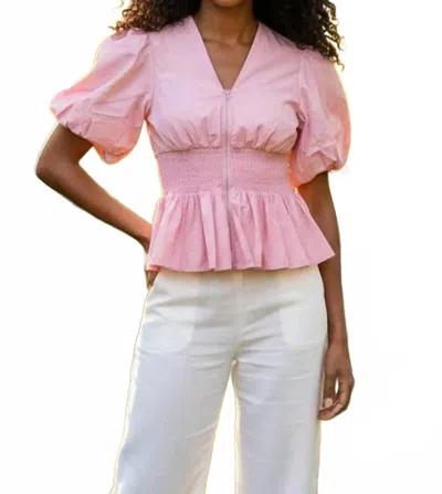 She + Sky Puff Sleeve Smocking Front Zipper Woven Top In Pink