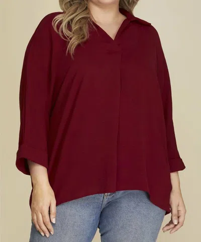 She + Sky Quarter Sleeve Collared Blouse In Wine In Burgundy