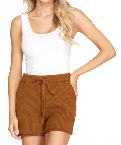 She + Sky Rib Knit Sweater Shorts With Pockets In Cinnamon In Brown