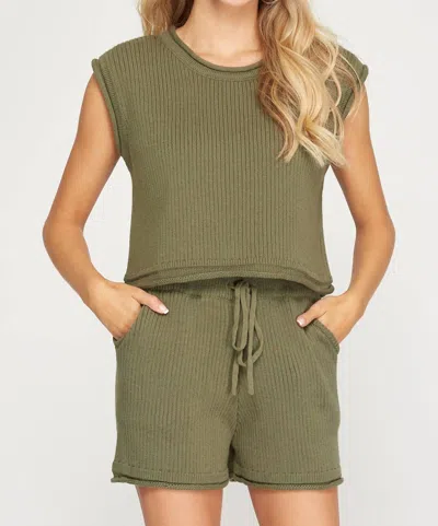She + Sky Rib Knit Sweater Shorts With Pockets In Olive In Green