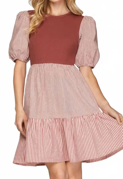 She + Sky Ribbed And Striped Mini Dress In Red Bean In Brown
