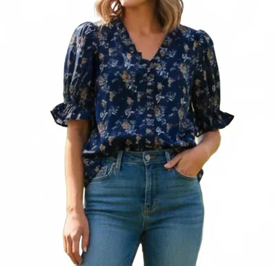 She + Sky Ruffle And Roll Print Top In Navy In Blue
