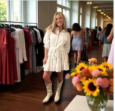 She + Sky Ruffle Sleeve Mini Dress With Tie Belt In White