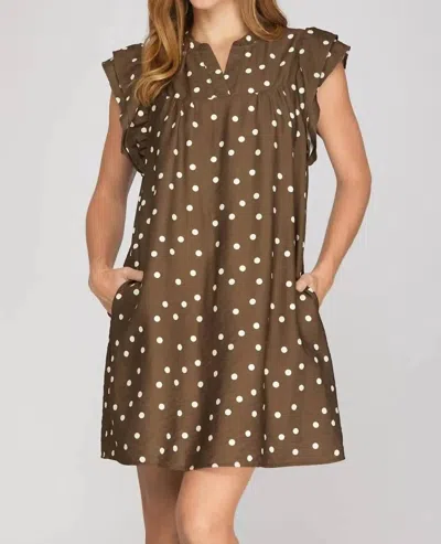 She + Sky Ruffle Sleeve Polka Dot Mini Dress In Brown In Green