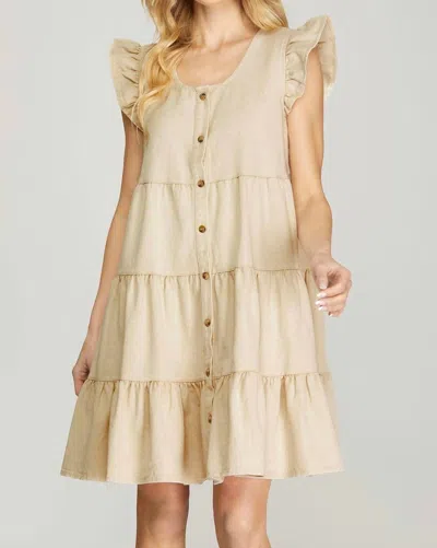 She + Sky Ruffle Sleeve Tiered Button Down Wash Twill Mini Dress In Cream In White