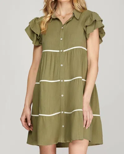 She + Sky Ruffle Sleeve Woven Tiered Button Down Dress In Olive In Green