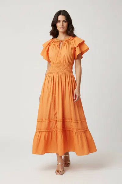 She + Sky Ruffled Sleeve Waist Elastic Side Pocket Midi Dress In Creamsicle In Orange