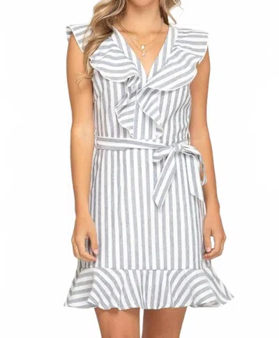 She + Sky Ruffled Striped Woven Dress In Grey/white In Blue