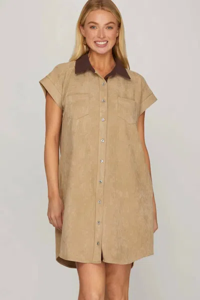 She + Sky Saddleback Mini Shirt Dress With Contrast Collar In Beige In Brown