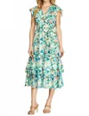 She + Sky Sale Ruffle Sleeve Floral Print Midi Dress W/ruffle Hem In Green In Green