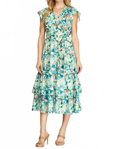 She + Sky Sale Ruffle Sleeve Floral Print Midi Dress W/ruffle Hem In Green