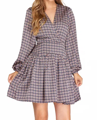 She + Sky Sammi Long Sleeve Diamond Print Dress In Blue In Brown