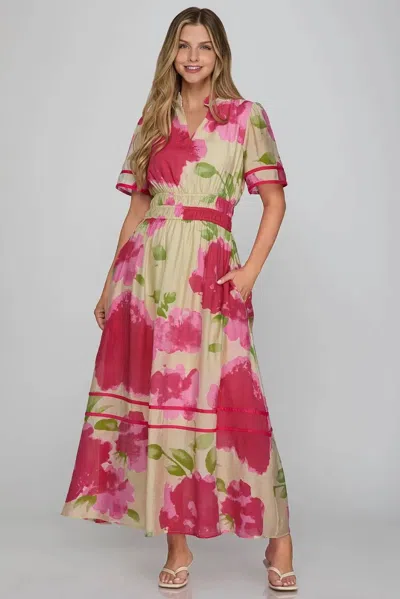 She + Sky Savannah Floral Midi Dress In Pink In Multi