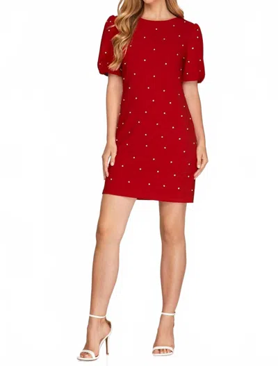 She + Sky Scattered Rhinestone Trim Short Dress In Red