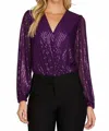 She + Sky Sequin Surplice V-neck Bodysuit In Purple In Black