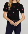 She + Sky Short Puff Sleeve Heart Print Sweater In Black In Black
