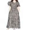 She + Sky Short Puff Sleeve Woven Leopard Tiered Midi Dress In Mocha In Brown